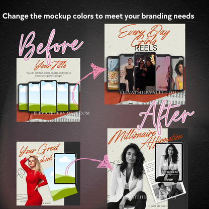 anva Pro before-and-after mockup transformation showing rebranded eBook covers in black-and-white aesthetic. elevatehervault.com
