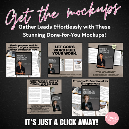 Image mockup bundle showing how to present and resell the Proverbs 31 Guide using Canva templates. www.elevatehervault.com