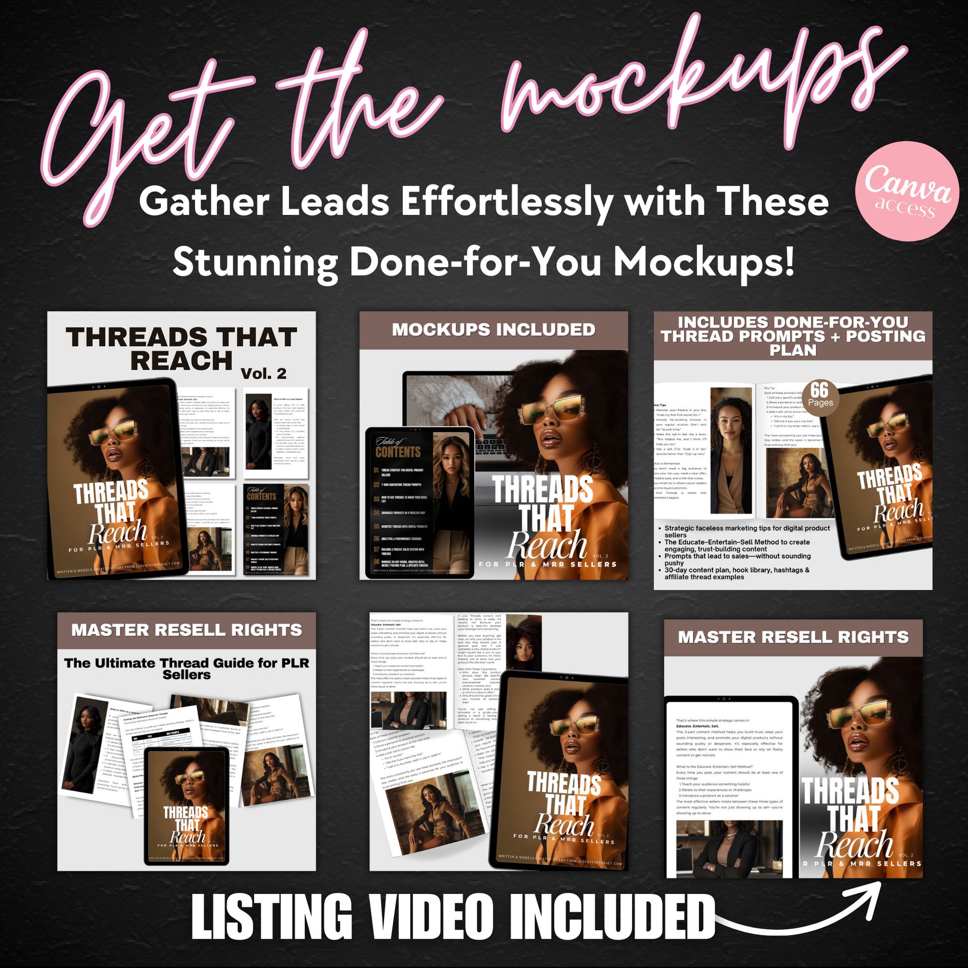 Promotional graphic for 'Threads That Reach' mockups with text overlay on a dark background. https://elevatehervault.com