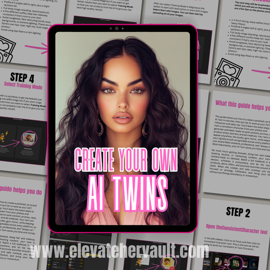 Tablet displaying a woman's face with text 'Create Your Own AI Twins' on a background of printed pages.