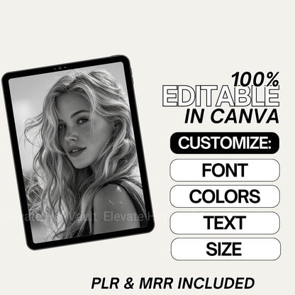 “Editable in Canva” promo — customize font, colors, text, size — PLR & MRR included — www.elevatehervault.com