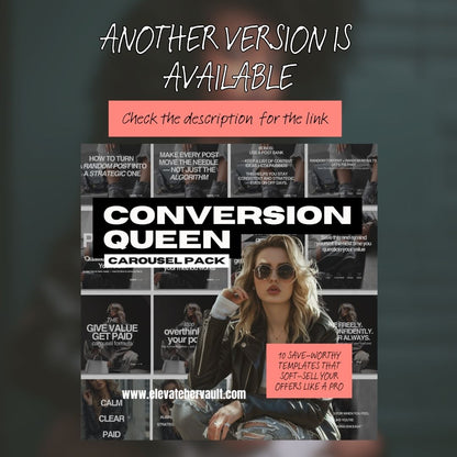 Promotional graphic for 'Conversion Queen Carousel Pack' with a woman in sunglasses and text overlay.