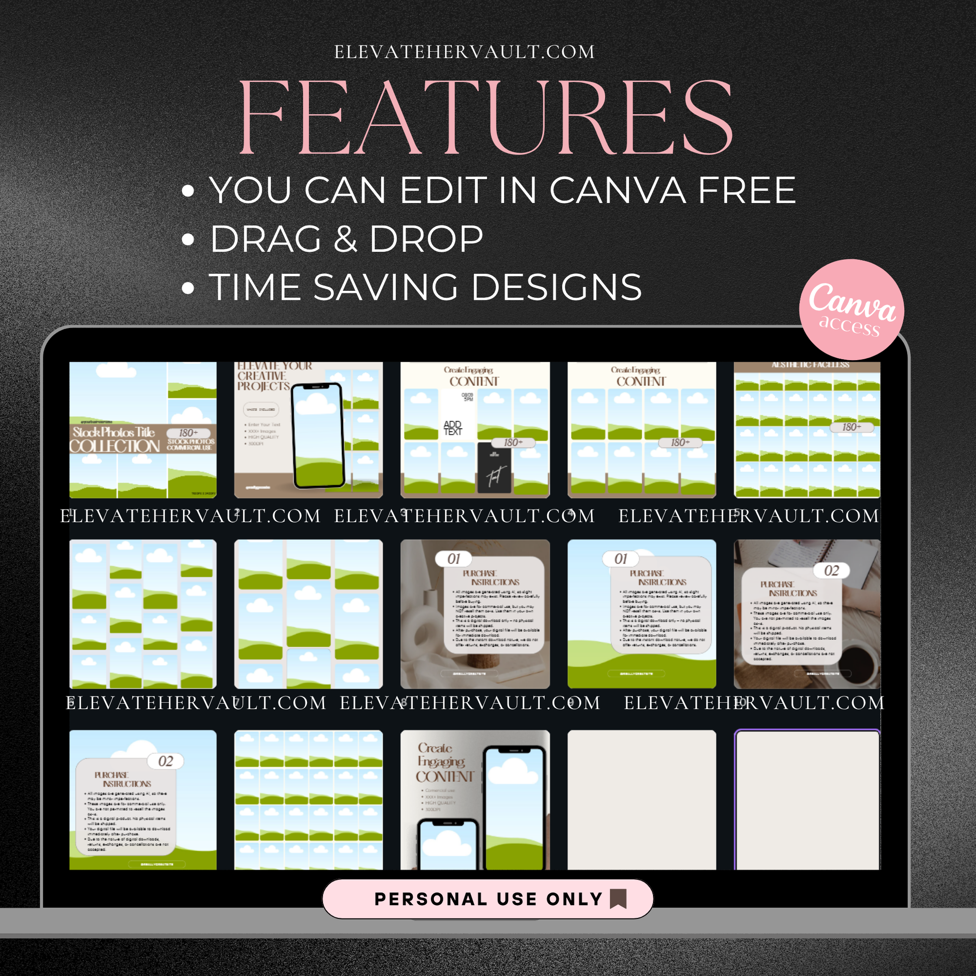 Feature breakdown of all Canva mockups included, highlighting editable layouts and visual options. www.elevatehervault.com