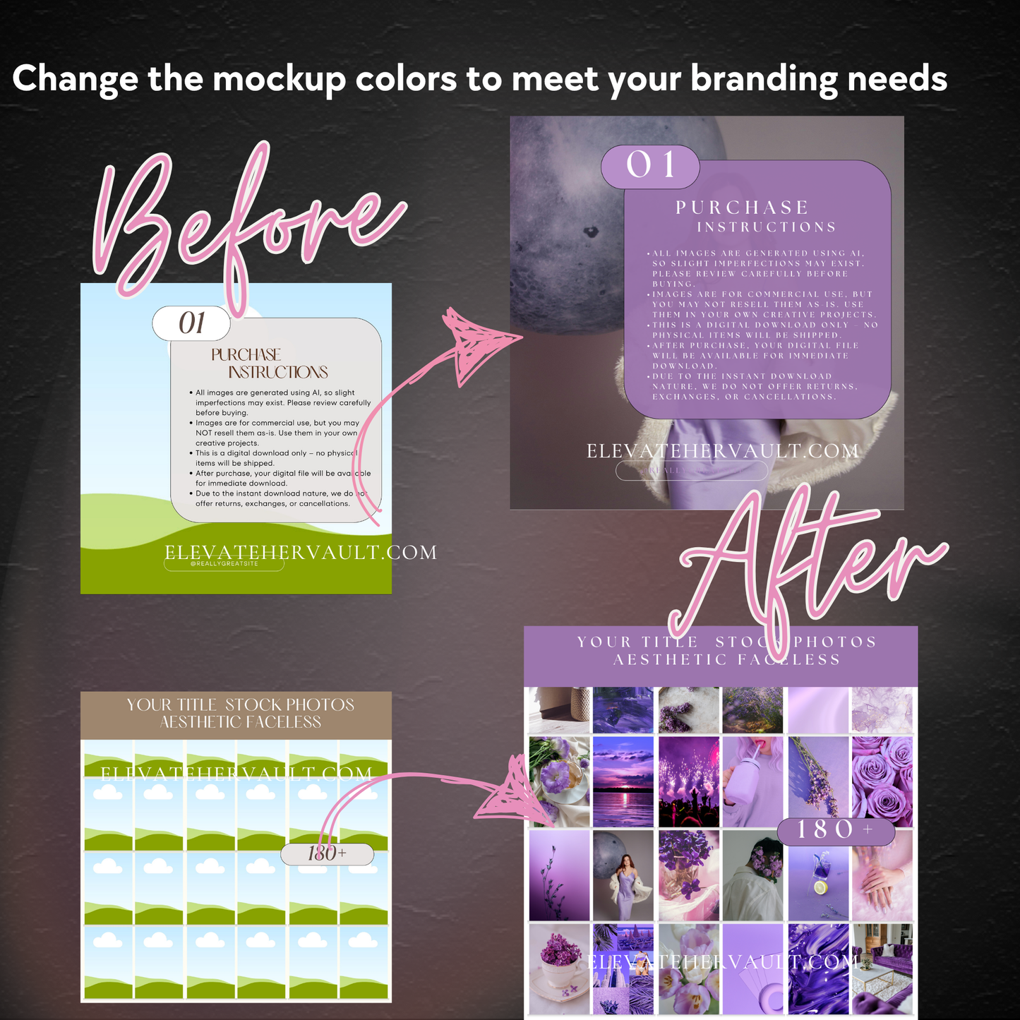 Before-and-after visual of upgraded stock photo branding using the included Canva mockup pack. www.elevatehervault.com