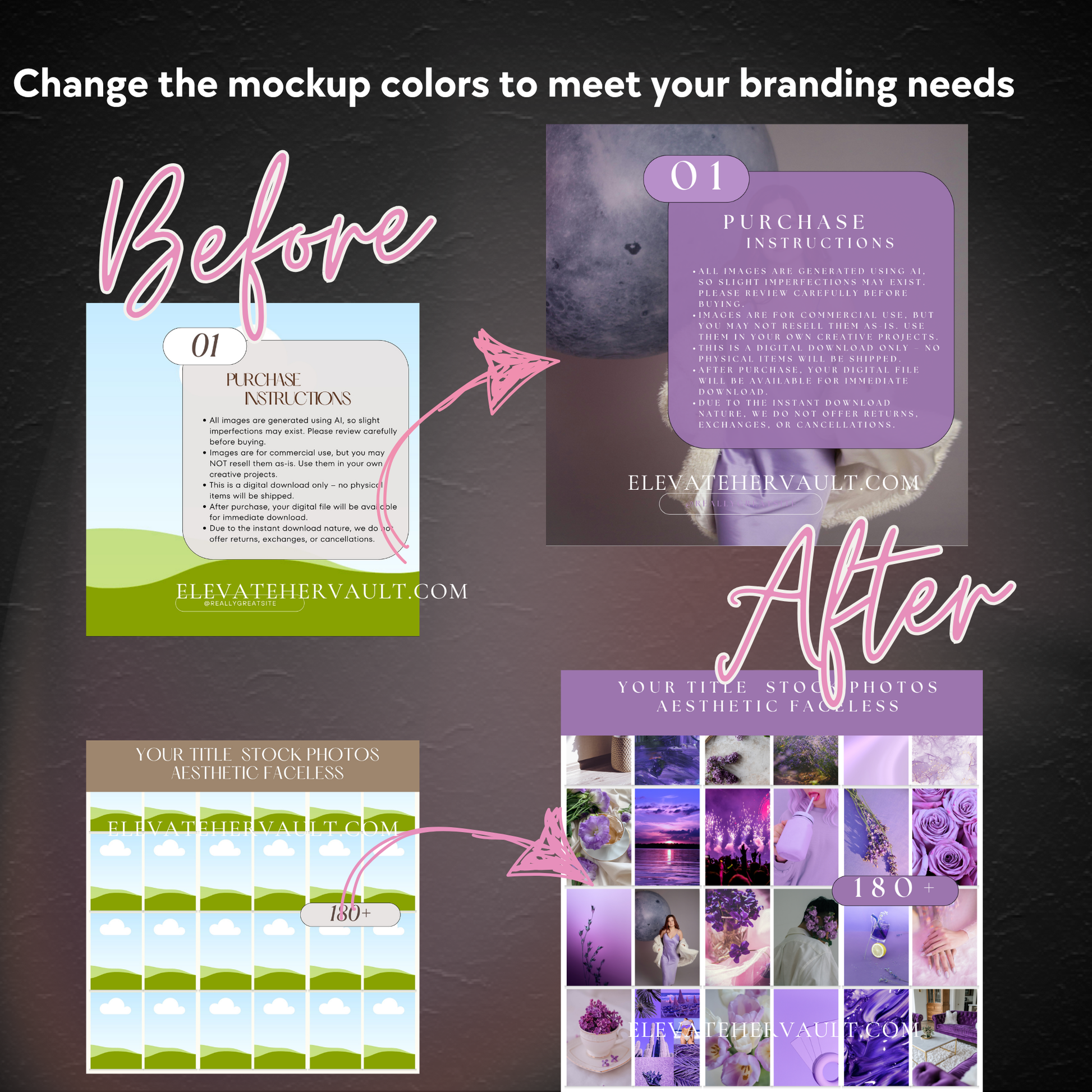 Before-and-after visual of upgraded stock photo branding using the included Canva mockup pack. www.elevatehervault.com