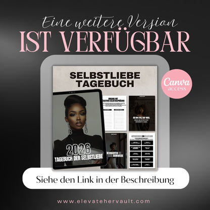 Digital product display with a tablet showing a self-love journal on a dark background, featuring text in German. www.elevatehervault.com