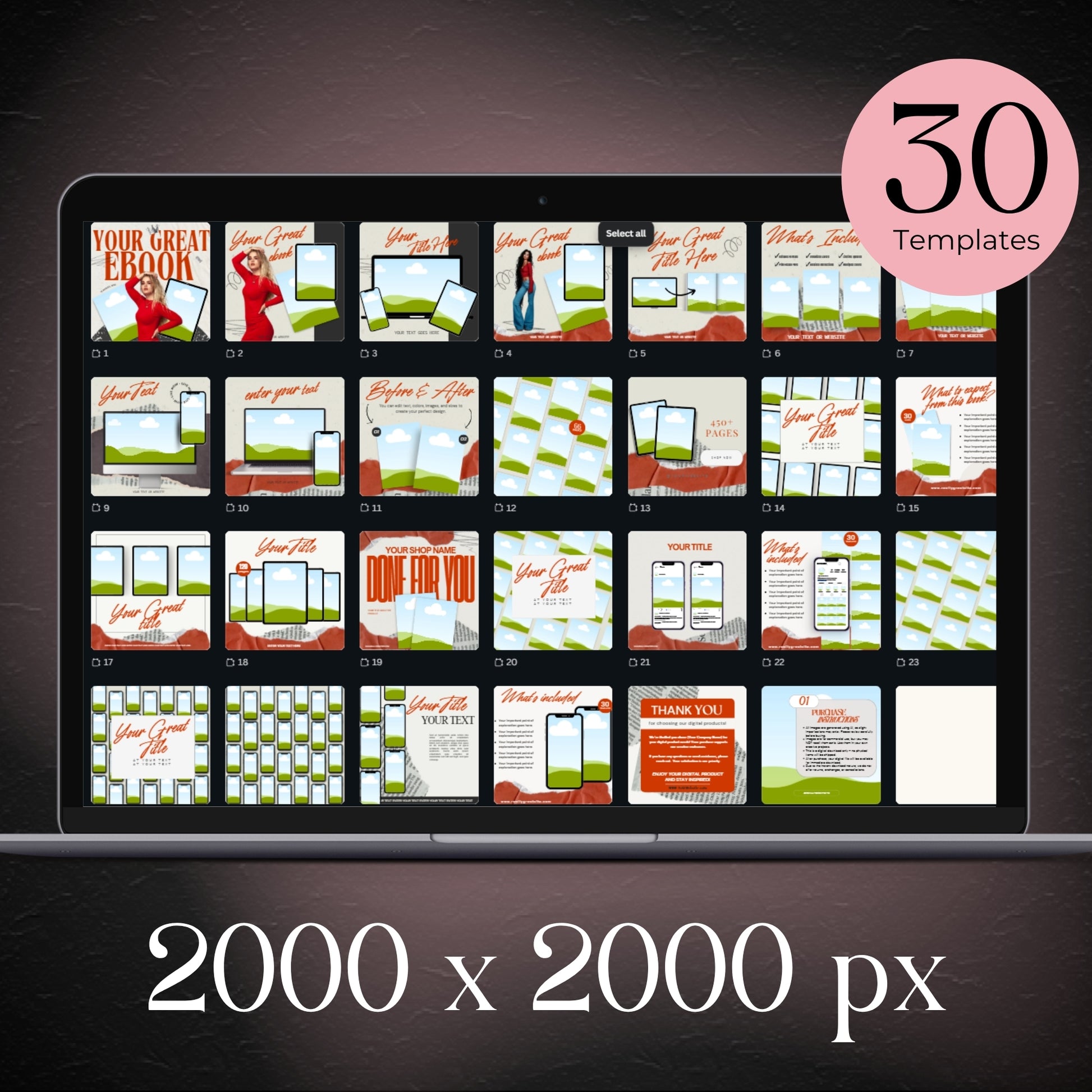 Overview of 30 Canva Pro mockup templates in a grid layout, designed for 2000 x 2000 px product listings. elevatehervault.com