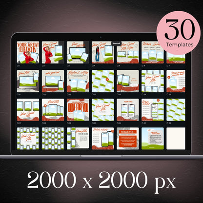 Overview of 30 Canva Pro mockup templates in a grid layout, designed for 2000 x 2000 px product listings. elevatehervault.com