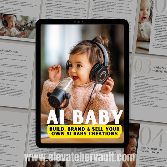 Tablet displaying an advertisement for 'AI Baby' with a child wearing headphones and a microphone, on a background of printed pages. www.elevatehervault.com