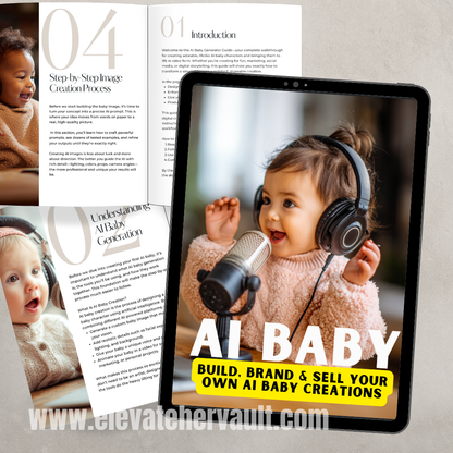 Tablet displaying a child with headphones and a microphone, with text about AI baby creations on a magazine page.