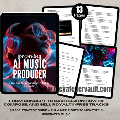 Ebook cover for 'Becoming an AI Music Producer' with a tablet displaying the book and text about its contents.