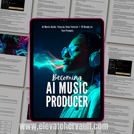 Tablet displaying 'Becoming AI Music Producer' guide with colorful text on a background of printed pages.