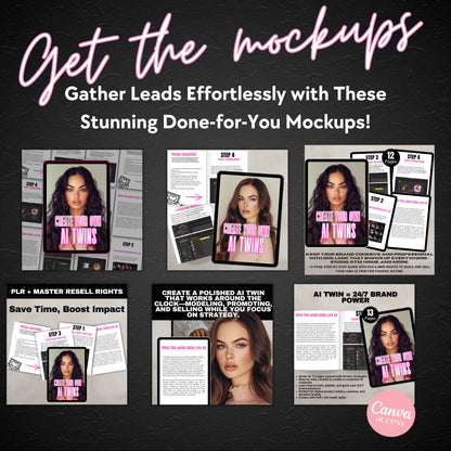 Promotional graphic for done-for-you mockups with a woman's face and text on a dark background.