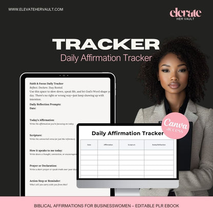 faith-based daily tracker, Christian planner for businesswomen, affirmation journal template, digital scripture log, Bible reading and reflection sheet, Canva editable Christian tracker, prayer and scripture record, Christian business daily routine tool, digital journaling mockup, Christian productivity planner, www.elevatehervault.com