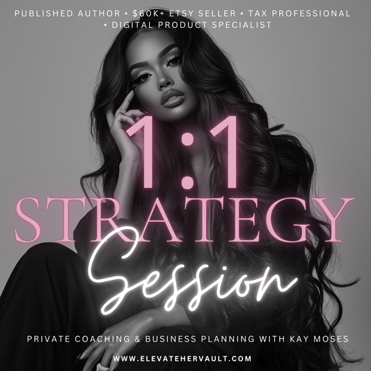 Promotional graphic for a 1:1 strategy session with a woman, featuring text about private coaching and business planning. www.elevatehervault.com