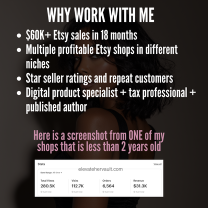 Promotional graphic highlighting success metrics with a person in the background. www.elevatehervault.com