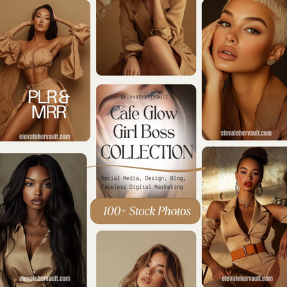 Cover image of the Café Glow Boss Babes Collection featuring a confident woman in a neutral outfit, ideal for branding, lifestyle, and business marketing. www.elevatehervault.com