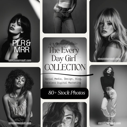 Nine-image grid of black and white portrait stock photos — Every Day Girl collection — www.elevatehervault.com