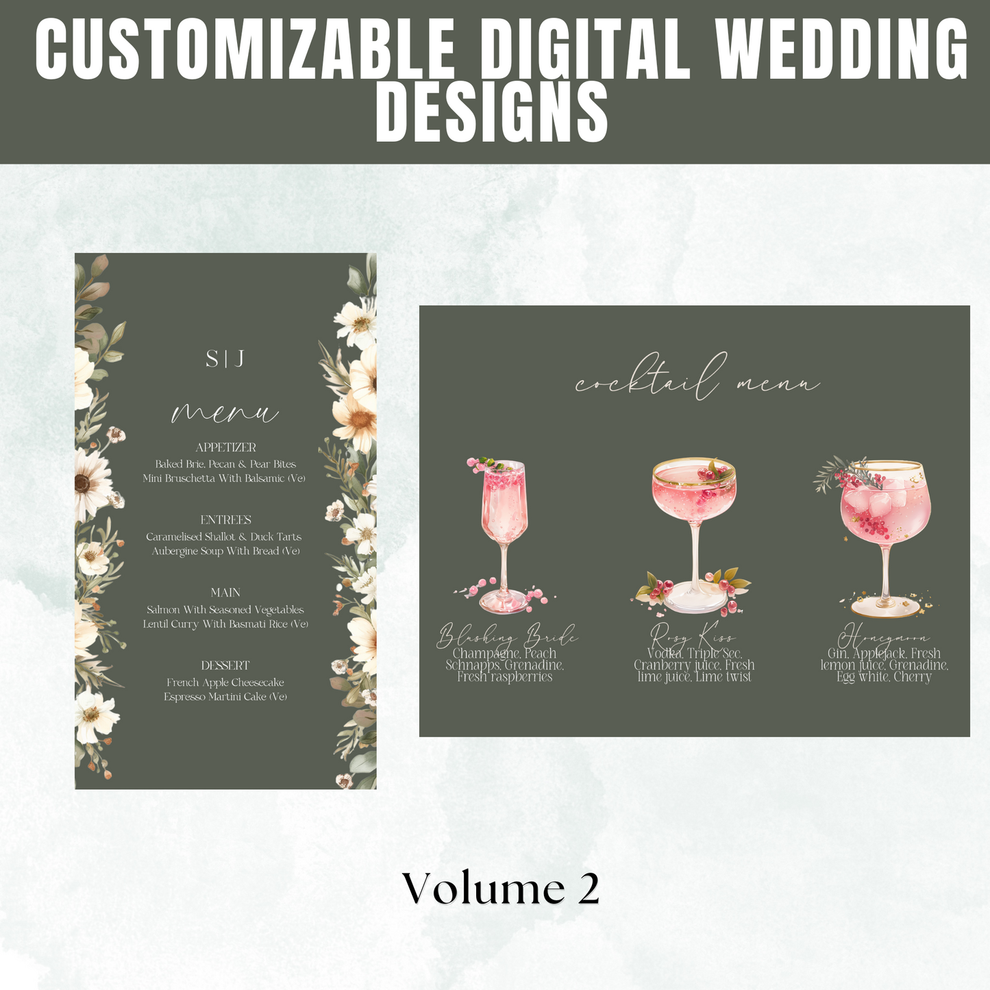 Two wedding menu designs with floral and cocktail-themed elements on a light gray background. www.elevatehervault.com