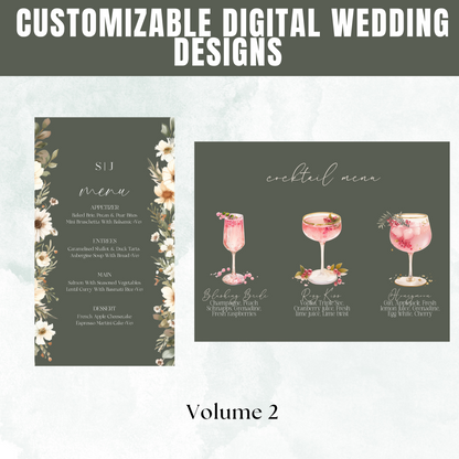 Two wedding menu designs with floral and cocktail-themed elements on a light gray background. www.elevatehervault.com