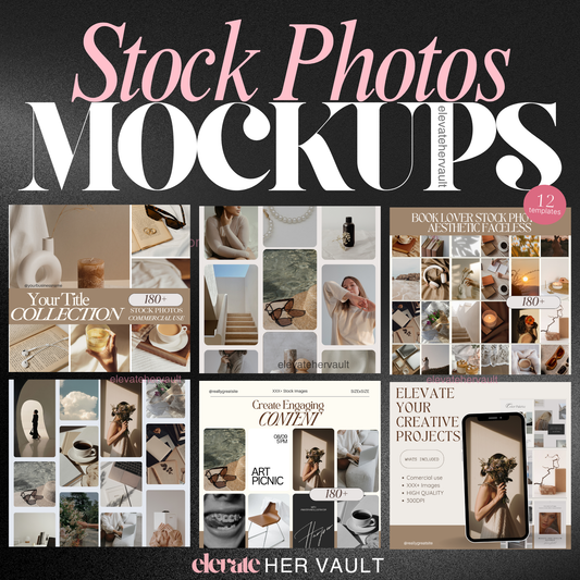 Stock Photos Mockups Cover – A showcase of modern, aesthetic Canva mockups designed to highlight stock photography collections. www.elevatehervault.com