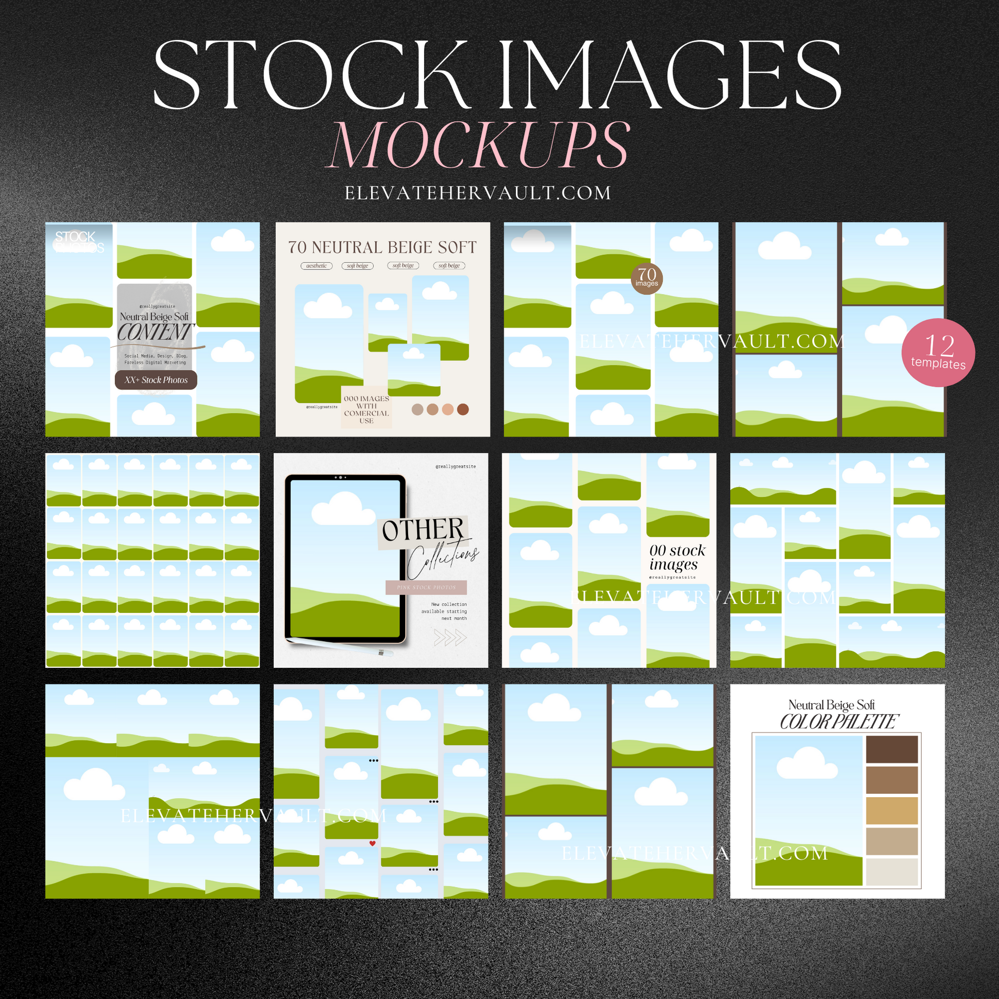 Canva template set overview showing 12 editable mockups for image bundle display – www.elevatehervault.com