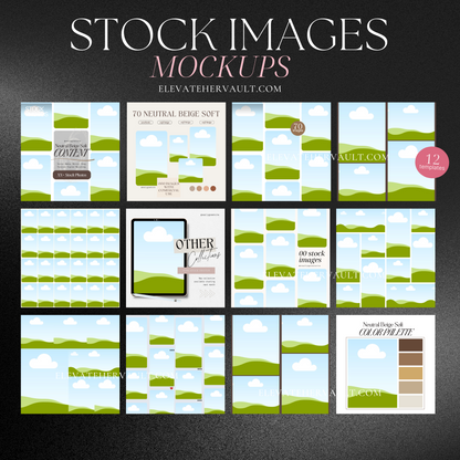 Canva template set overview showing 12 editable mockups for image bundle display – www.elevatehervault.com