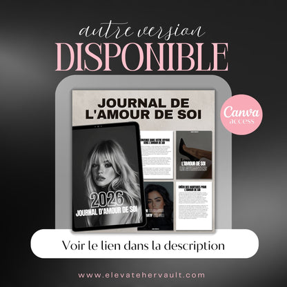 Digital product display with tablet showing 'Journal de l'Amour de Soi' on a dark background www.elevatehervault.com