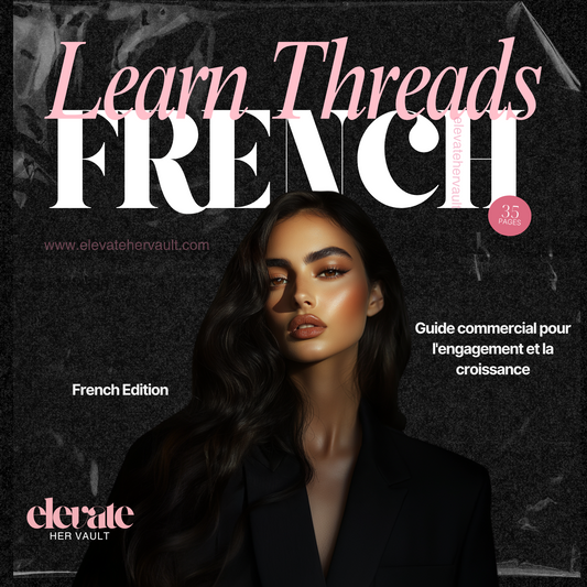 Ebook cover with a woman's face and promotional text for 'Learn Threads' by Elevate Her Vault.