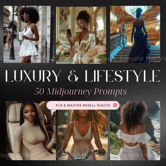 Melanated luxury MidJourney prompts for digital creators, black women lifestyle AI prompt bundle, feminine and elegant AI visuals made easy, digital product pack for luxury content, PLR prompt kit with full resale rights, upscale content visuals with cultural beauty, create lifestyle visuals with AI, culturally rich visual prompts for branding
www.elevatehervault.com