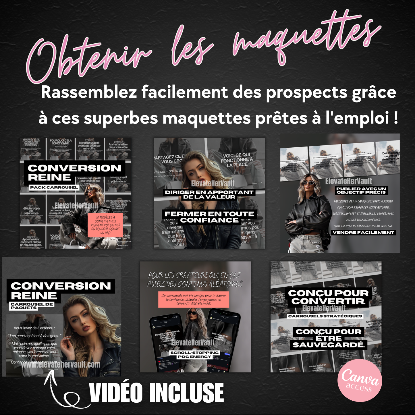 Promotional graphic for product maquettes with text and images on a dark background