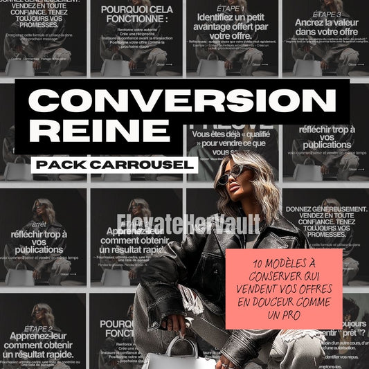 Woman in sunglasses and leather jacket with a pink sign in front of promotional posters for 'Conversion Reine' and 'Pack Carrousel'.