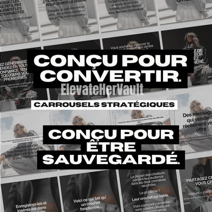 Promotional graphic with text 'Conçu pour convertir' and 'ElevateHerVault' branding, featuring a collage of smaller images.