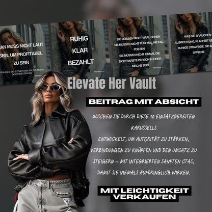 Woman in a leather jacket with text and branding elements on a dark background