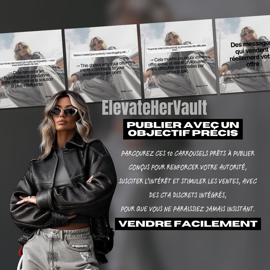 Woman in a black leather jacket with promotional text for 'Elevate Her Vault' on a dark background.