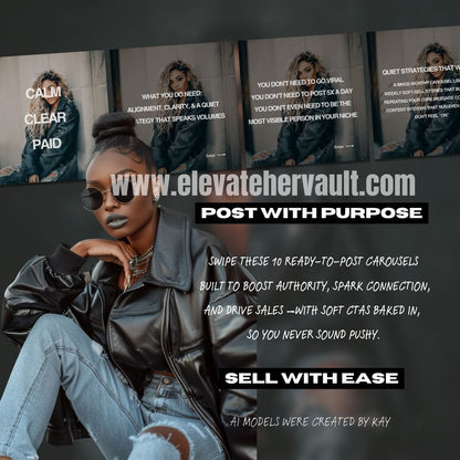 Woman in black leather jacket and jeans with sunglasses, promotional text overlay.
