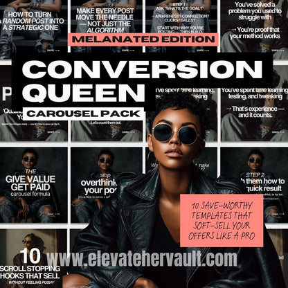 Promotional graphic for 'Conversion Queen Carousel Pack' with a woman in sunglasses and text about social media strategies.