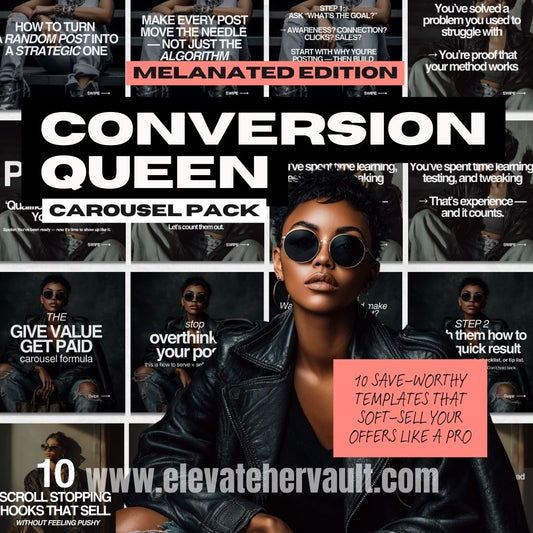 Promotional graphic for 'Conversion Queen Carousel Pack' with a woman in sunglasses and text about social media strategies.