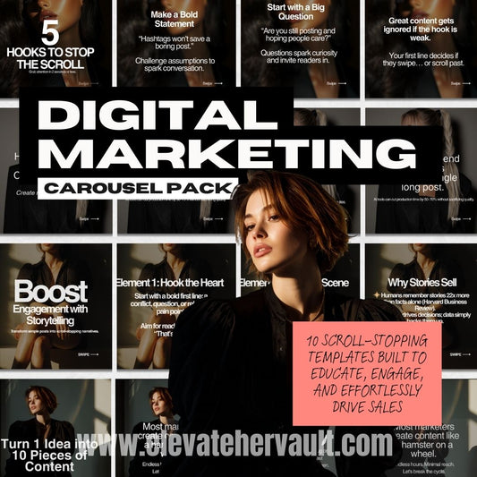 Digital Marketing Carousel Pack – Dark Aesthetic Canva Templates | Faceless Marketing | PLR & MRR | Boss Babe Content