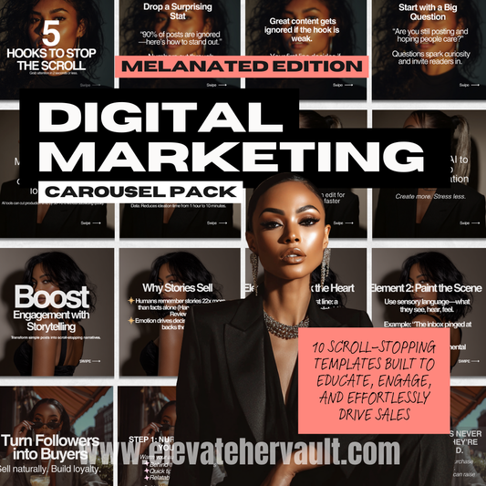 Digital marketing resources with a woman in a black blazer and text about engagement and storytelling.