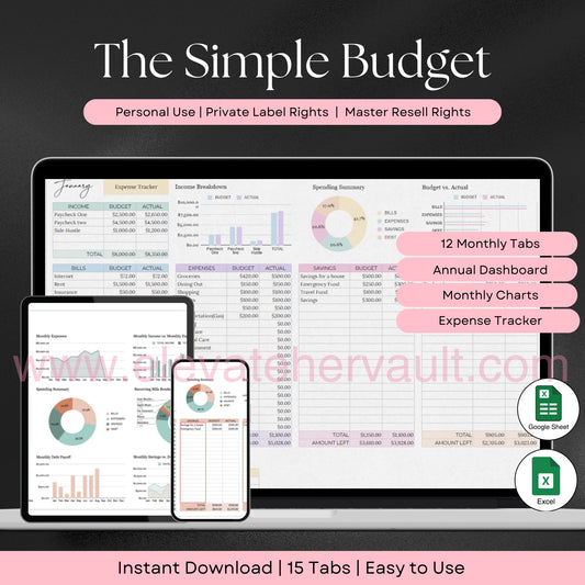 budget tracker template, Excel monthly budget, Google Sheets budgeting spreadsheet, smart finance tracker, expense tracker sheet, annual budget spreadsheet, digital planner for money, financial dashboard tracker, monthly spending sheet, personal finance template, www.elevatehervault.com