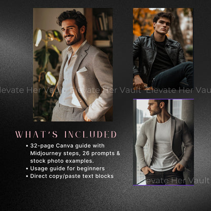 AI image prompts for bold men’s visuals, fashion model-style MidJourney prompt examples, luxury men’s branding with clean tone, confident energy for personal brand building, photo-style images created with prompt guide, upscale fashion visuals made using AI
www.elevatehervault.com