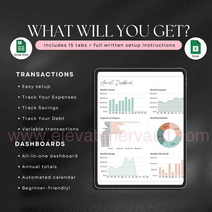 budget tracker template, Excel monthly budget, Google Sheets budgeting spreadsheet, smart finance tracker, expense tracker sheet, annual budget spreadsheet, digital planner for money, financial dashboard tracker, monthly spending sheet, personal finance template, www.elevatehervault.com
