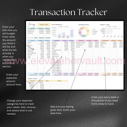 monthly bill tracker, personal finance spreadsheet, Google Sheets expense tracker, Excel transaction log, budgeting worksheet digital, automatic budget tracker, editable bill payment sheet, income and spending chart, customizable budget planner, financial planning tool, www.elevatehervault.com