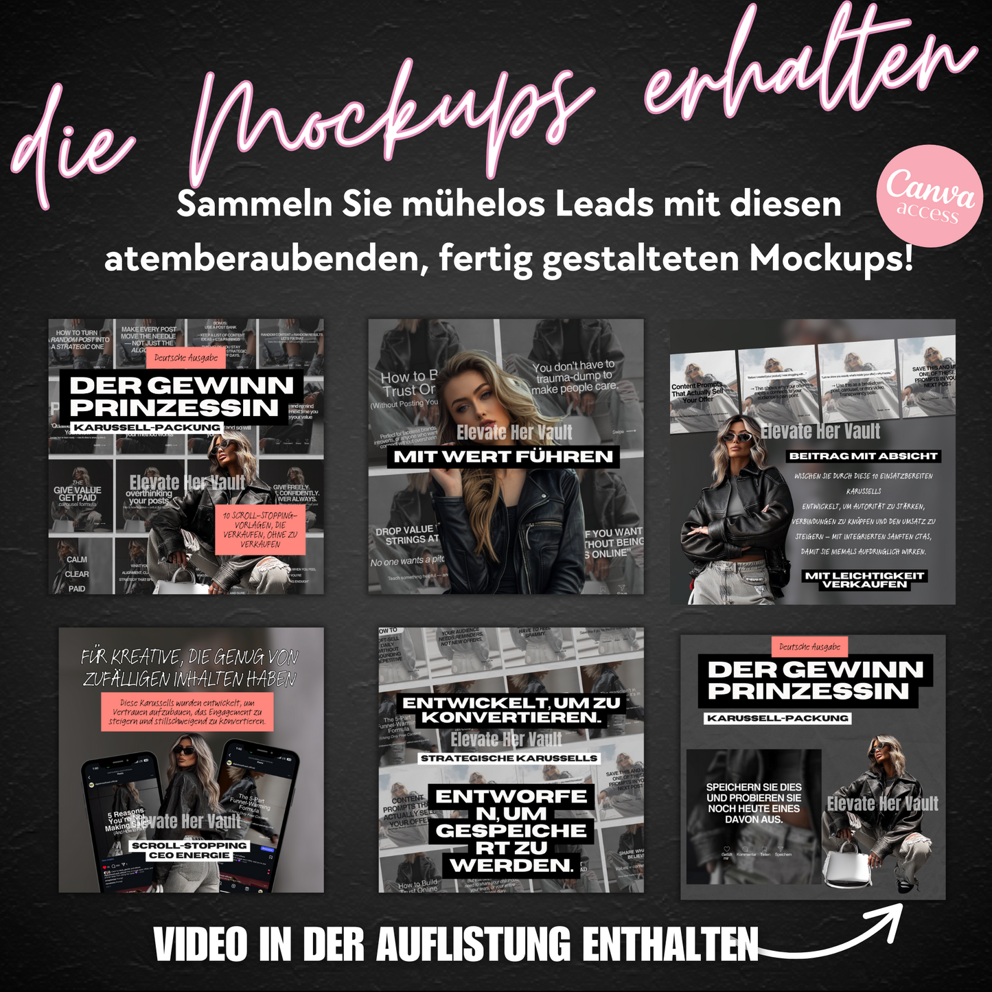 Collection of mockup designs with text on a dark background German Edition www.elevatehervault.com