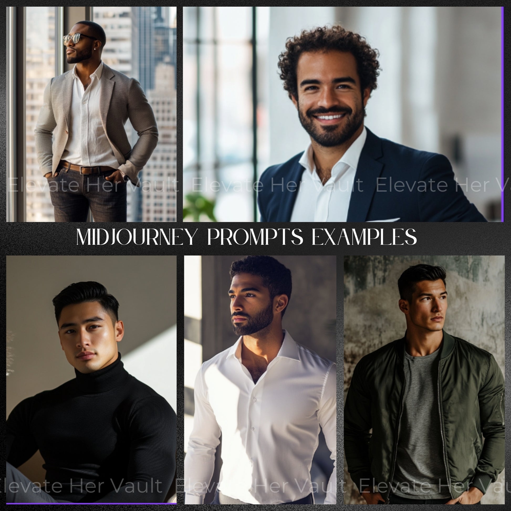 AI image prompts for bold men’s visuals, fashion model-style MidJourney prompt examples, luxury men’s branding with clean tone, confident energy for personal brand building, photo-style images created with prompt guide, upscale fashion visuals made using AI
www.elevatehervault.com