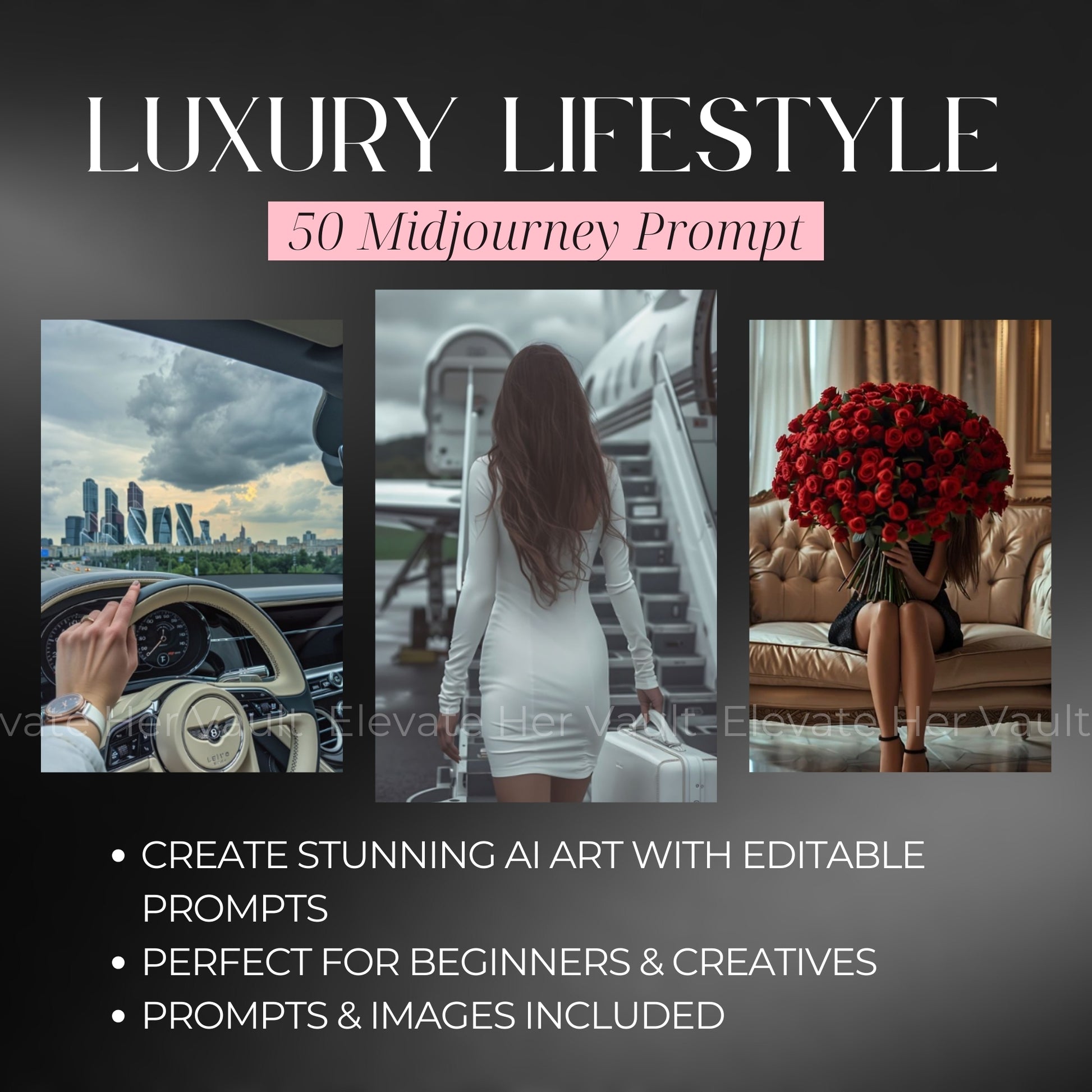 visuals without a photoshoot, luxury private jet image ideas using AI, curated content for luxury entrepreneurs, elevated personal brand image prompts, luxe lifestyle aesthetic for brand building, MidJourney visuals for rich brand vibes
www.elevatehervault.com