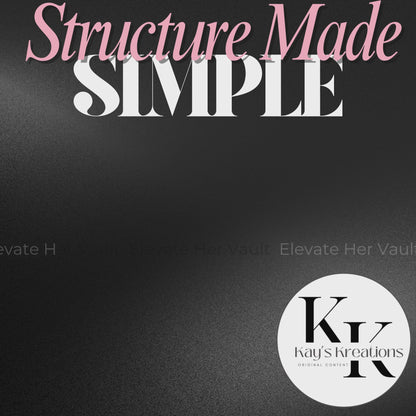 Structure Made Simple mockup with clean black background and play button for video preview – www.elevatehervault.com