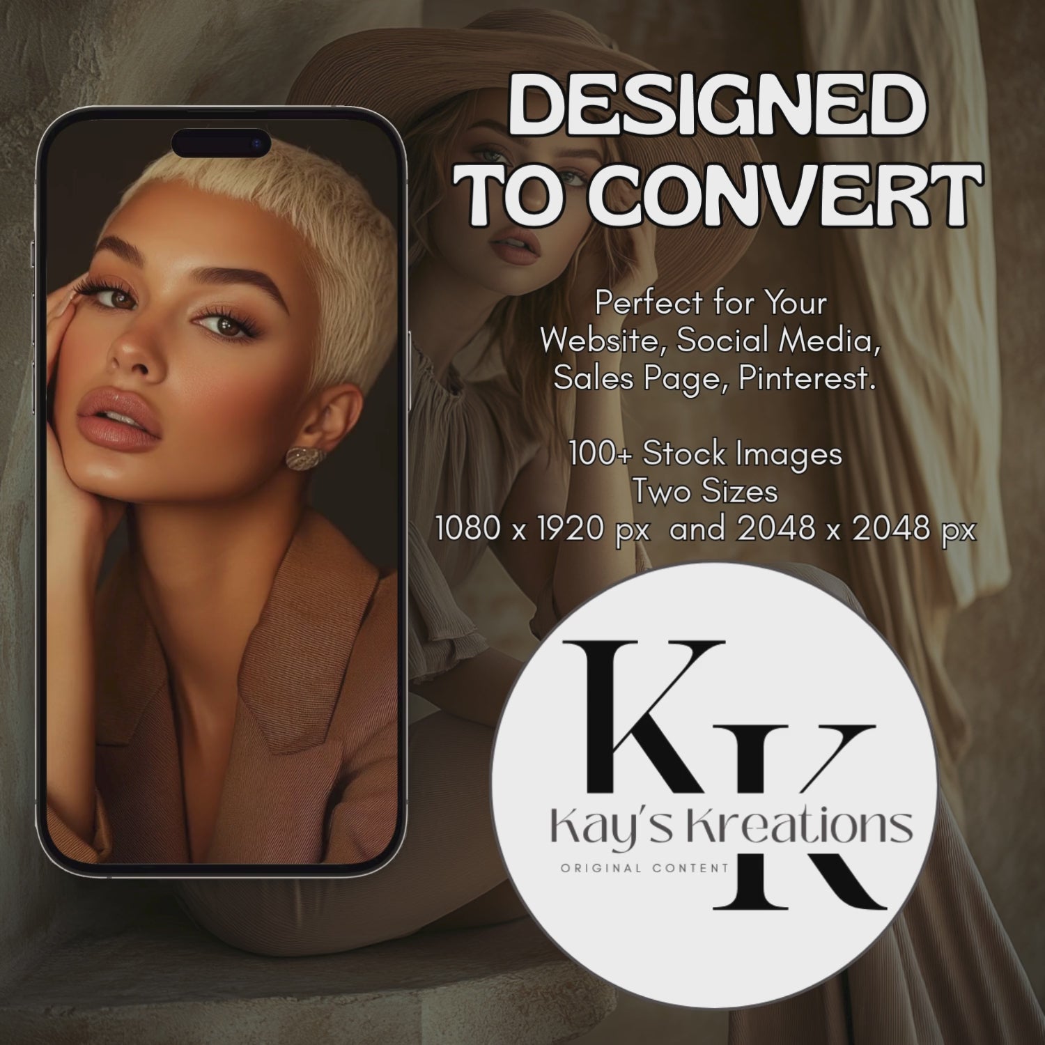 Highlighting a tan boss babe image with a circular ‘Designed to Convert’ badge—ideal for showcasing stock image bundle effectiveness. www.elevatehervault.com