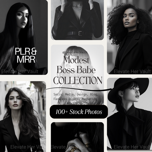 Collage of women in black attire with text about a 'Modest Boss Babe Collection' by Elevate Her Vault.